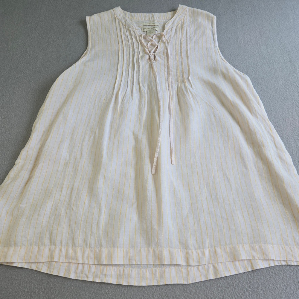 Cynthia Rowley Sleeveless Blouse Womens L White Yellow Linen Pintuck Lace Up